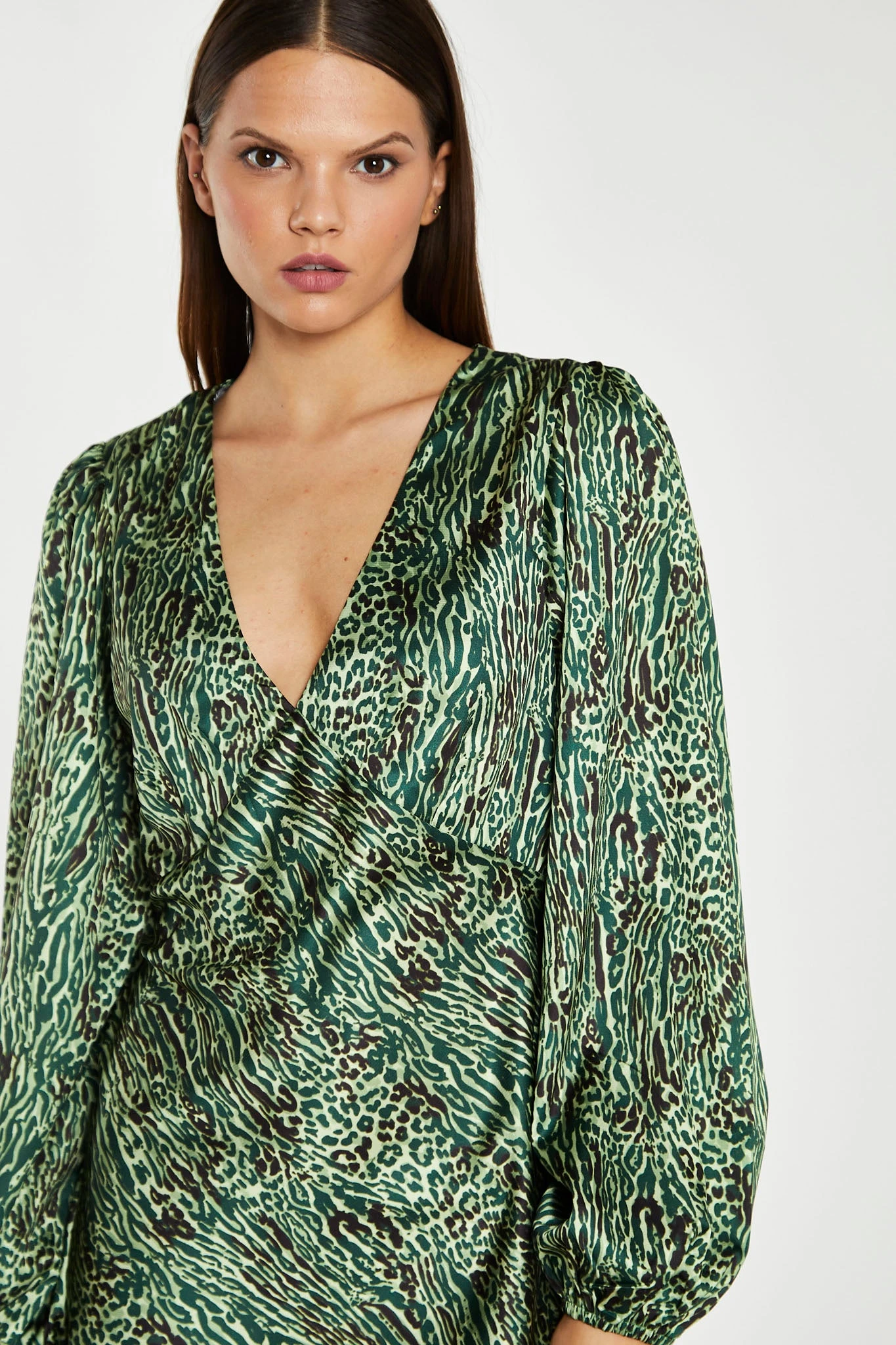 Glamorous Green-Black Animal V-Neck Puff-Sleeve Mini-Dress - Image 3