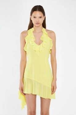 Glamorous Neon-Yellow Ruffle Halterneck Mini-Dress