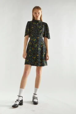 Glamorous Black-Yellow Mini Floral High-Neck Mini Tea-Dress