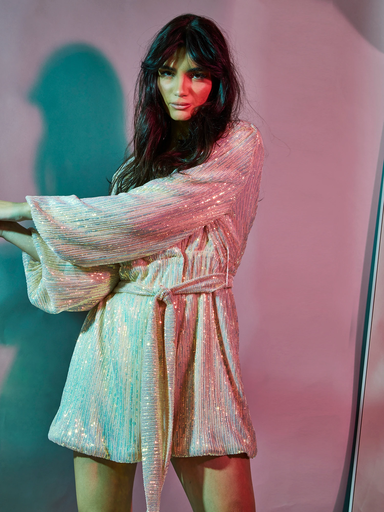 Glamorous Nude Iridescent Sequin Tie Waist Wrap Mini Dress - Image 3