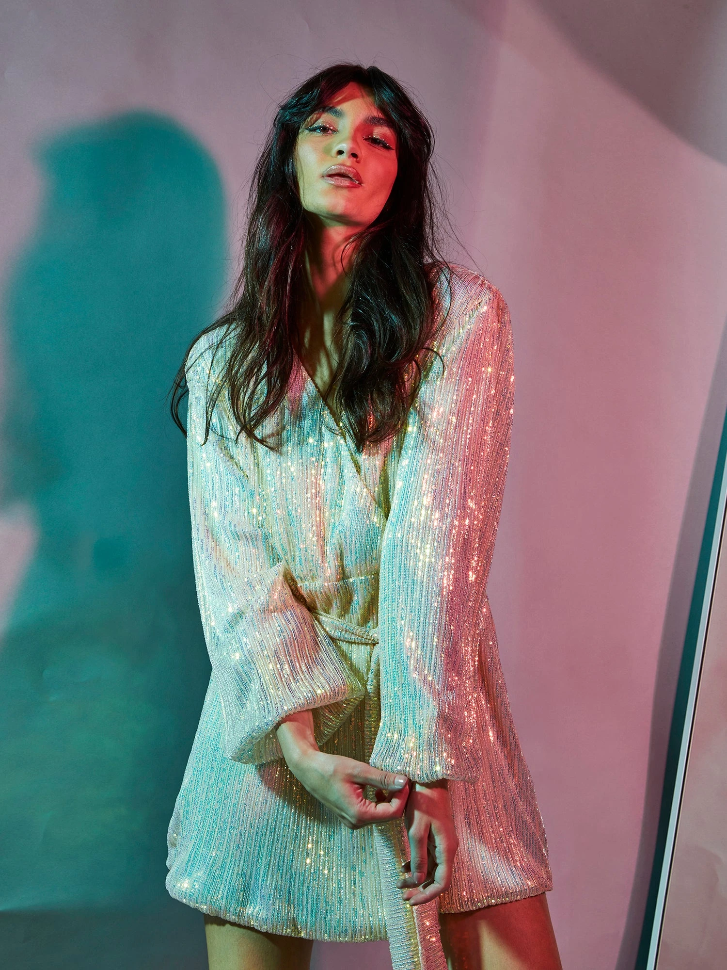 Glamorous Nude Iridescent Sequin Tie Waist Wrap Mini Dress - Image 2