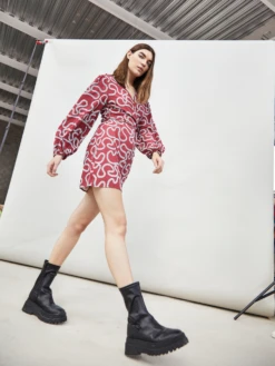 Glamorous Red Abstract Print Long Sleeve Wrap Mini Dress