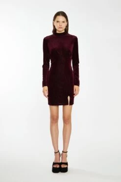Glamorous Port-Red Velvet-Rib High-Neck Side-Split Mini-Dress