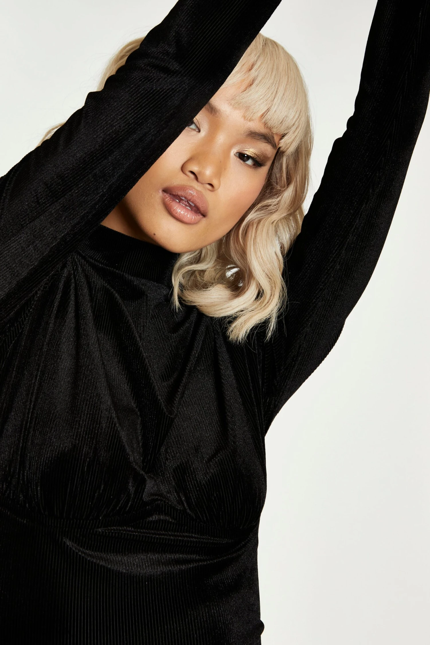 Glamorous Black Rib Velvet Fitted High Neck Mini Dress - Image 4