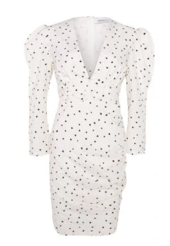 Glamorous White Heart Print V Neck Mini Dress With Puff Sleeves And Ruched Seams