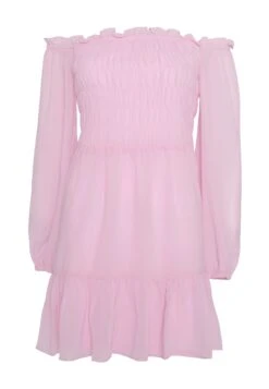 Glamorous Light Pink Long Sleeve Bardot Mini Dress With Smocked Bodice And Tiered Skirt