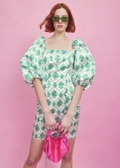Glamorous White-Green Damask Puff Sleeve Mini Dress
