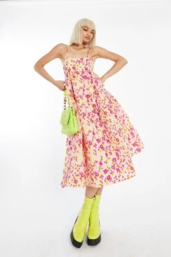Glamorous Pink-Yellow Organza Empire-Line Tie-Back Loose-Fit Smock Midi-Dress