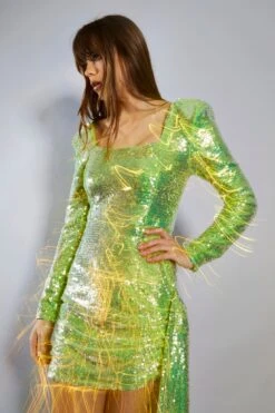 Glamorous Iridescent Lime Sequin Mini Dress With Sash Skirt & Shoulder Pad Details