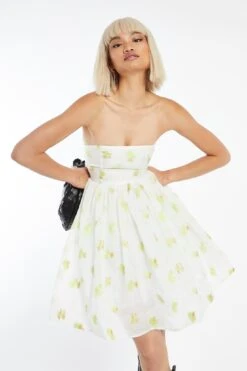 Glamorous Lime-Gold Floral Organza Empire-Line Puff Skirt Mini-Dress