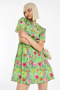 Glamorous Neon-Green Floral Short Sleeve Smocked Mini-Dress