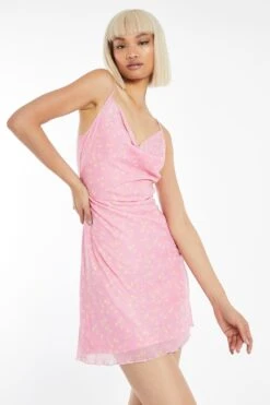 Glamorous Candy-Pink Floral Mesh Cowl Neck Mini-Dress