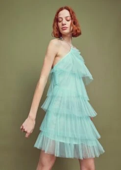Glamorous Turquoise Pleated Tulle Halterneck Mini-dress