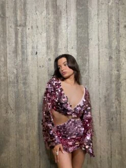 Glamorous Georgia Plunging Cut-Out Sequin Mini Dress -Pink