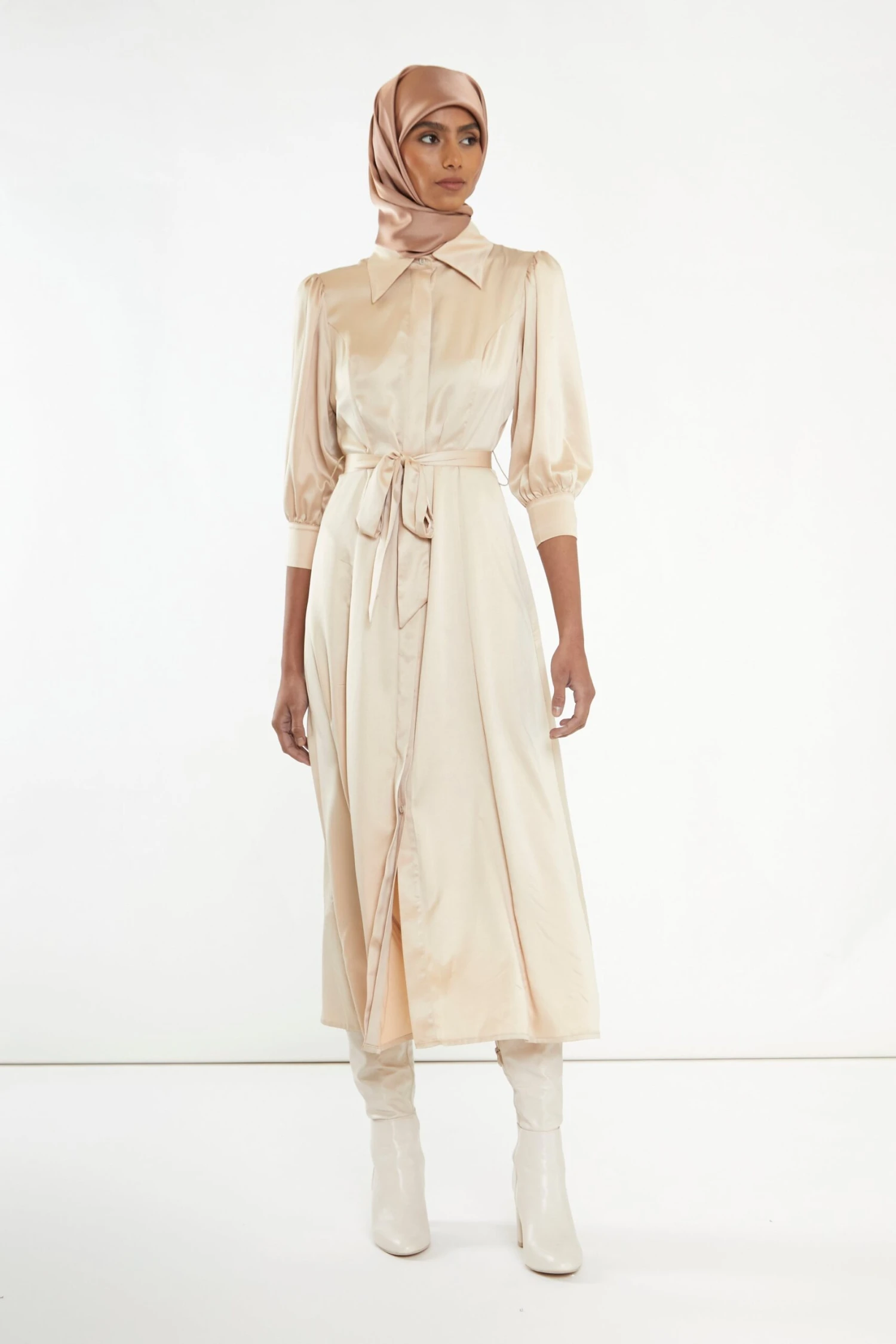 Glamorous Sand Satin Midaxi Shirt Dress