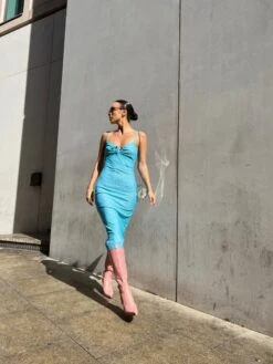 Glamorous Blue Flower Mesh Midi Dress