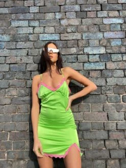 Glamorous Apple-Green Pink Lace Trim Mini-dress