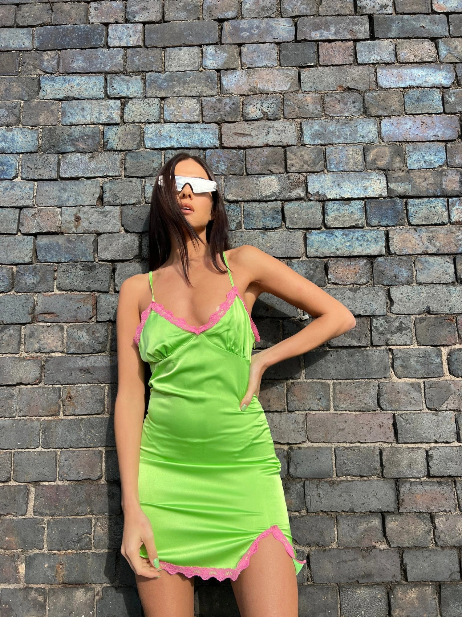 Glamorous Apple-Green Pink Lace Trim Mini-dress