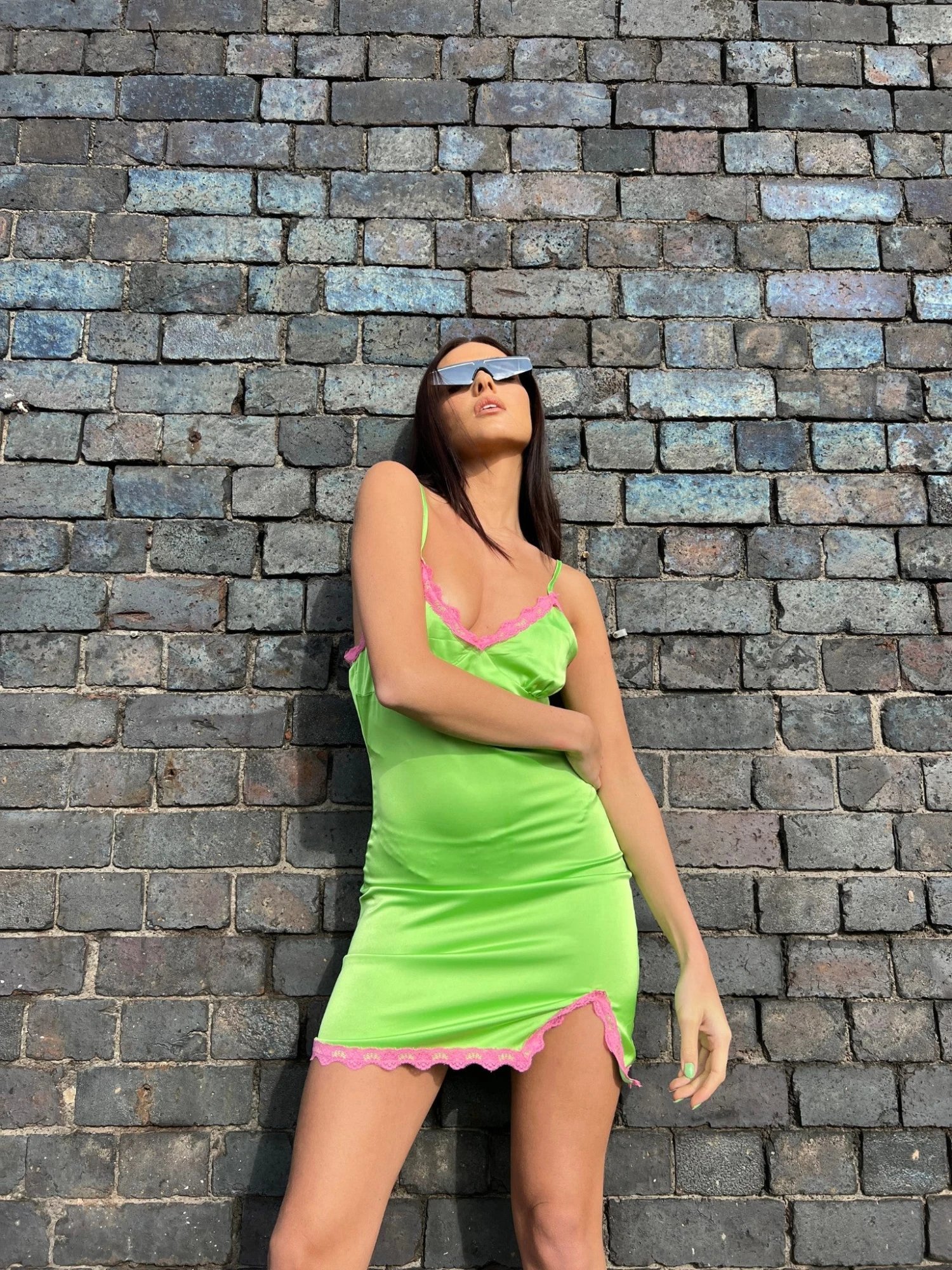 Glamorous Apple-Green Pink Lace Trim Mini-dress - Image 3