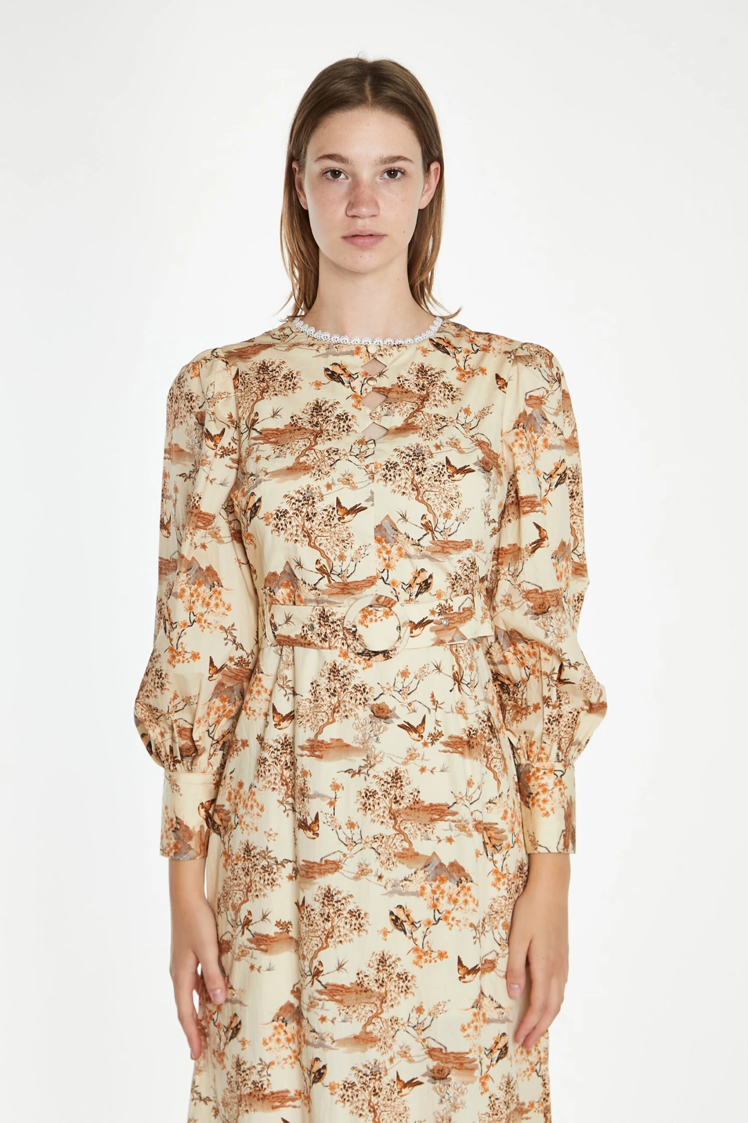 Glamorous Tan Multi Blossom Long-Sleeve Belted Maxi-Dress - Image 2