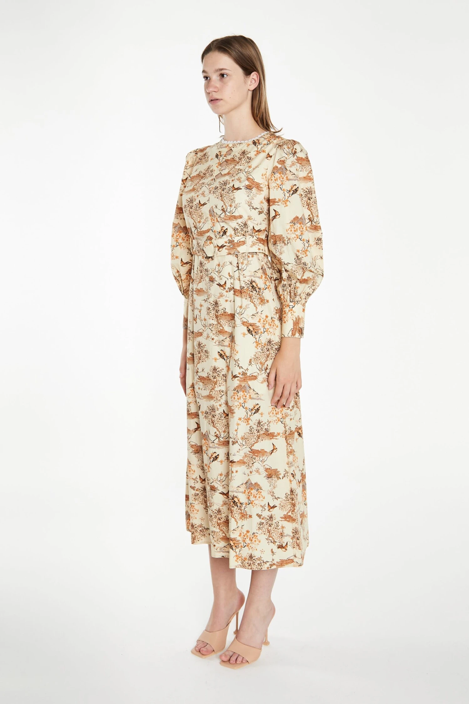 Glamorous Tan Multi Blossom Long-Sleeve Belted Maxi-Dress - Image 4