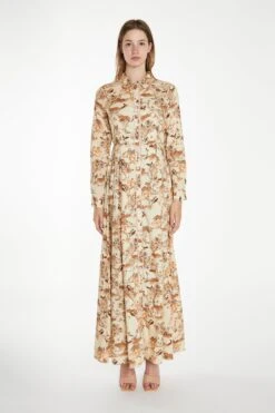 Glamorous Tan Multi Blossom Long-Sleeve Maxi Shirt-Dress