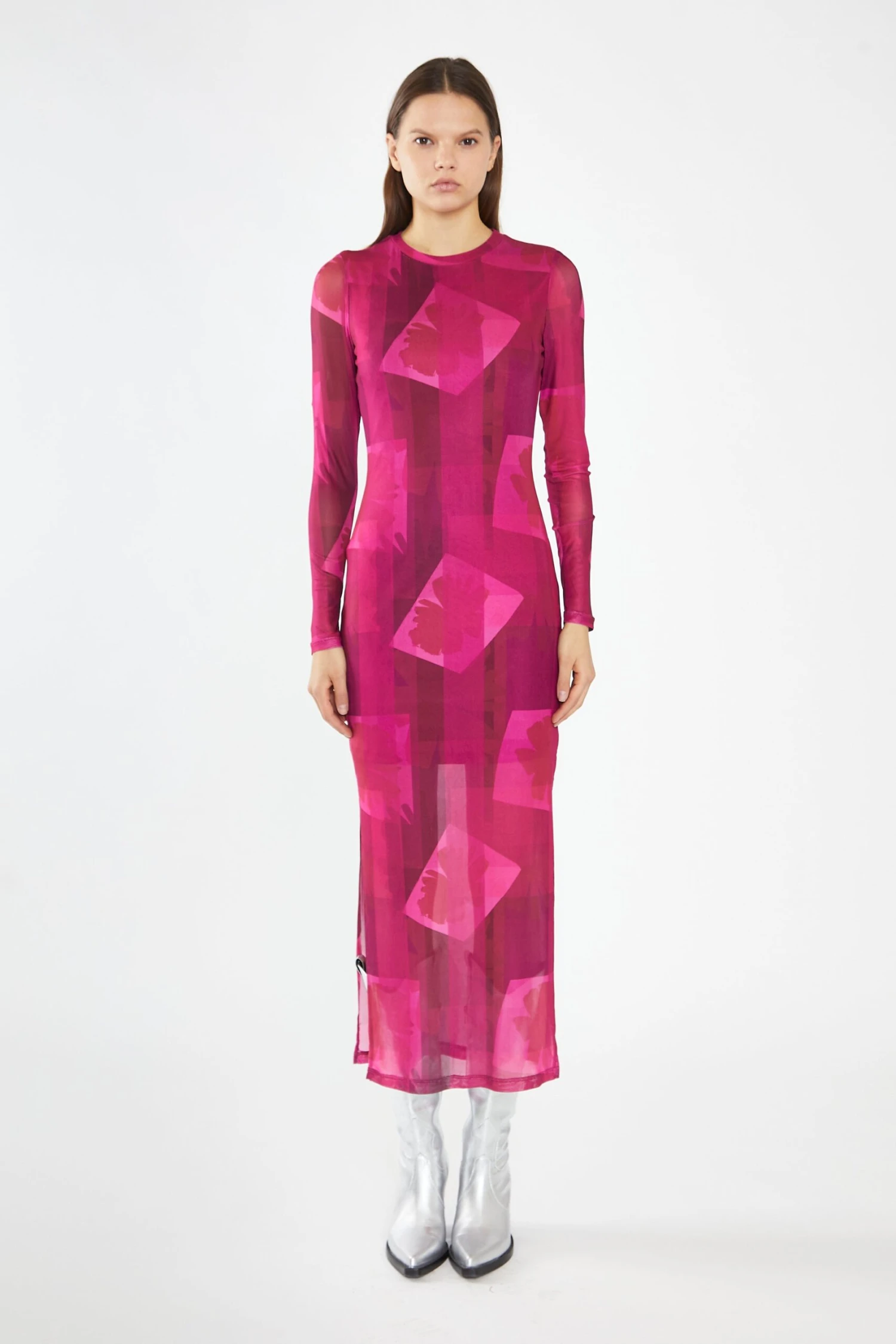 Glamorous Pink-Block Mesh Crew-Neck Bodycon Maxi-Dress - Image 3