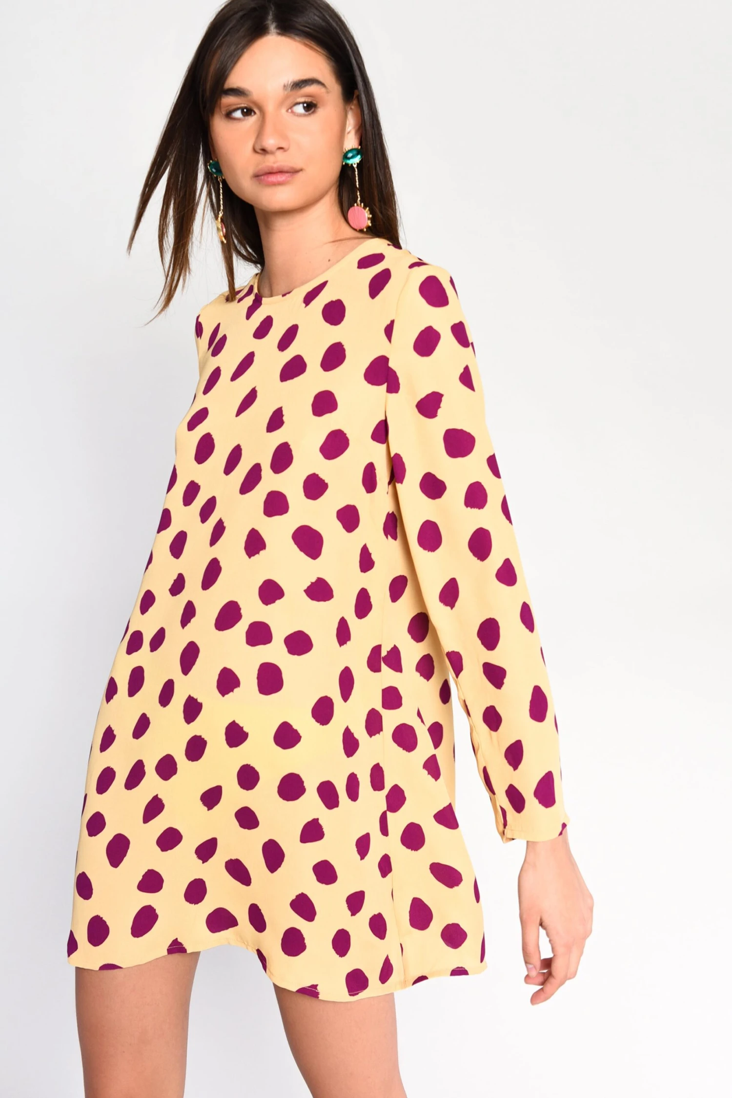 Glamorous Yellow Purple Spot Long Sleeve Mini Dress - Image 3