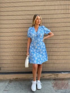 Glamorous Blue Scribble-Daisy Lace-Up Front Mini-Dress