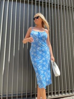 Glamorous Blue Scribble-Daisy Mesh Strappy Gathered-Bust Midi-Dress