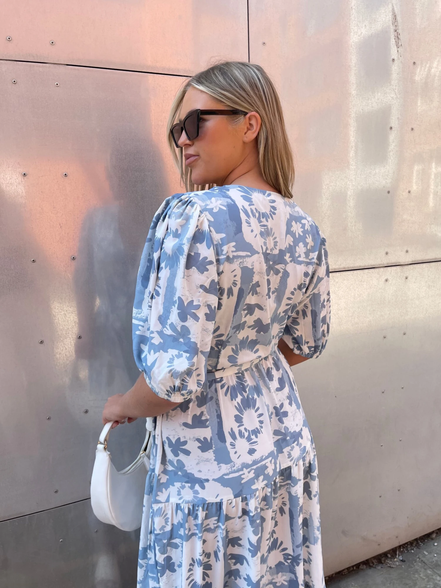 Glamorous Blue Flower Collage Tiered Wrap Maxi-Dress - Image 4