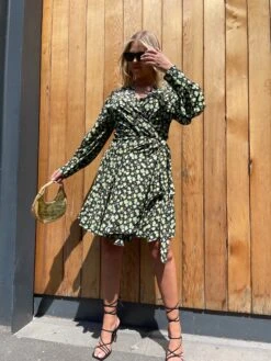 Glamorous Green Rose Long Sleeve Wrap Mini-dress