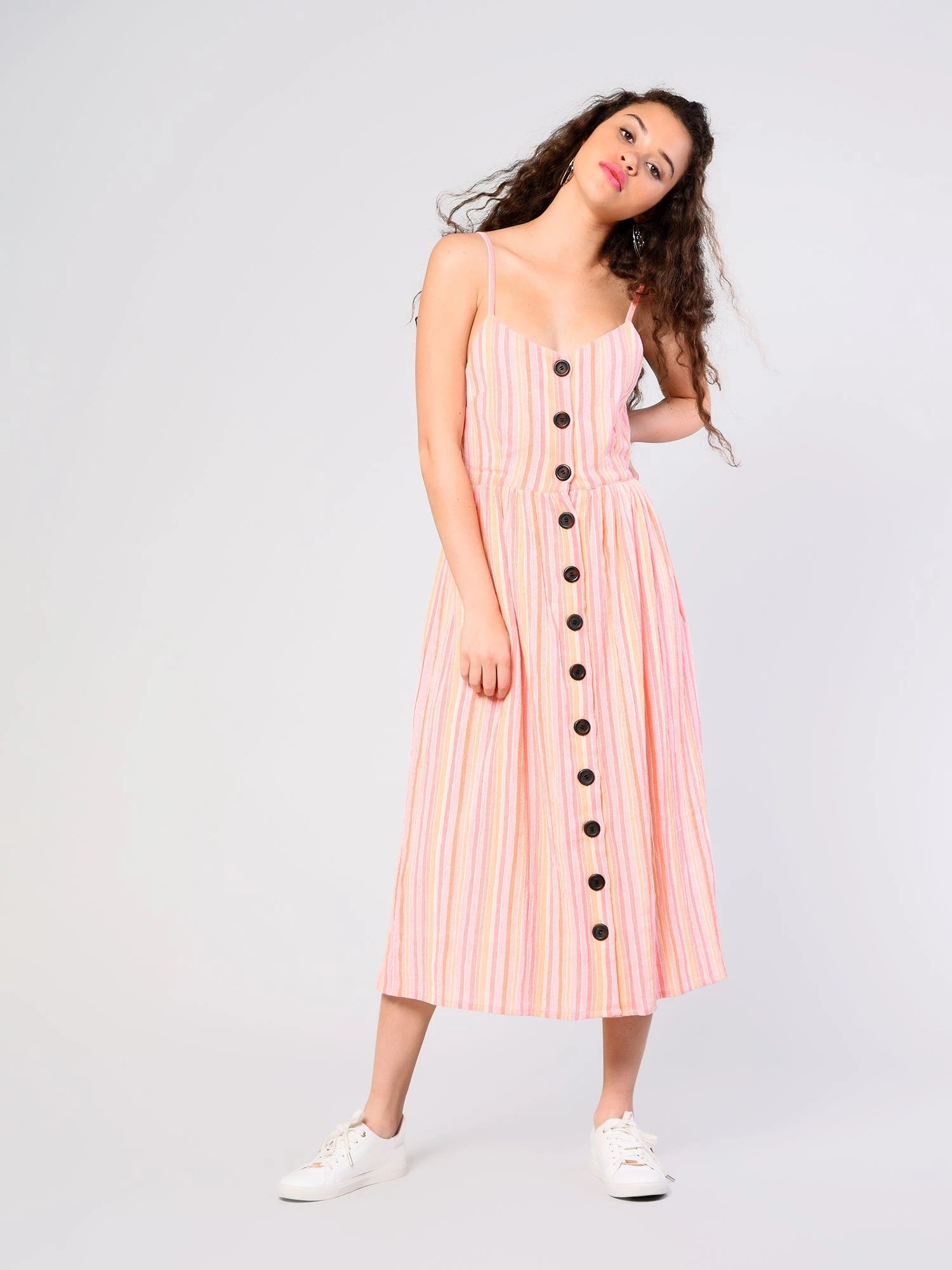 Glamorous Pink Peach Stripe Button Front Midi Dress - Image 2