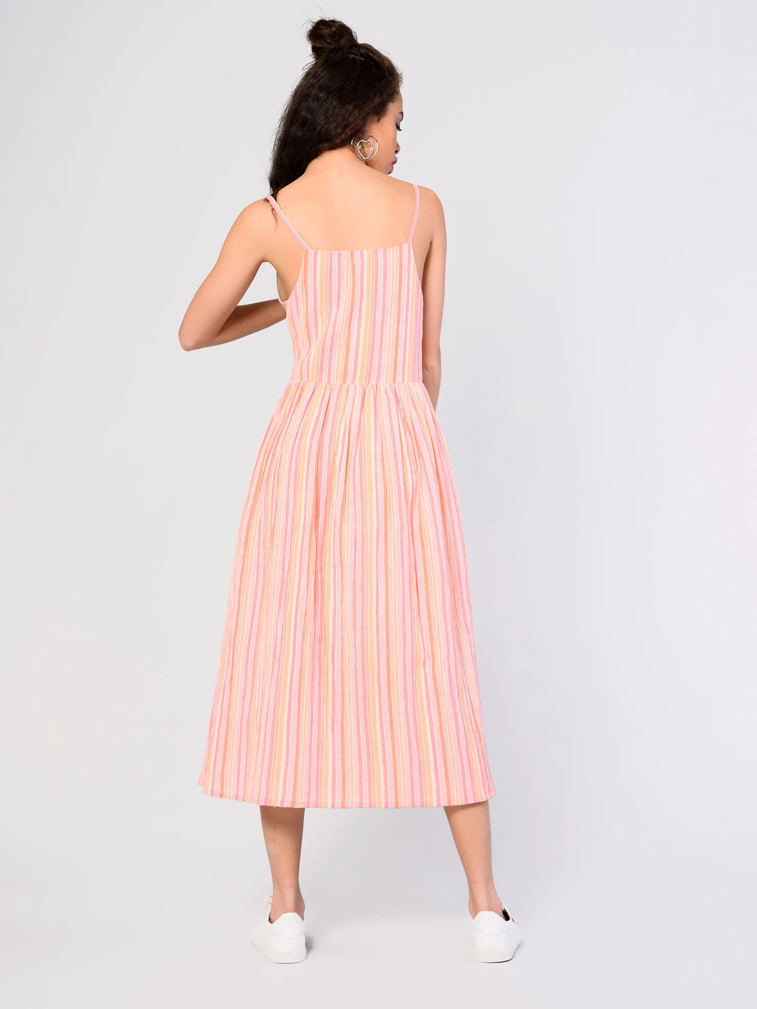 Glamorous Pink Peach Stripe Button Front Midi Dress - Image 3