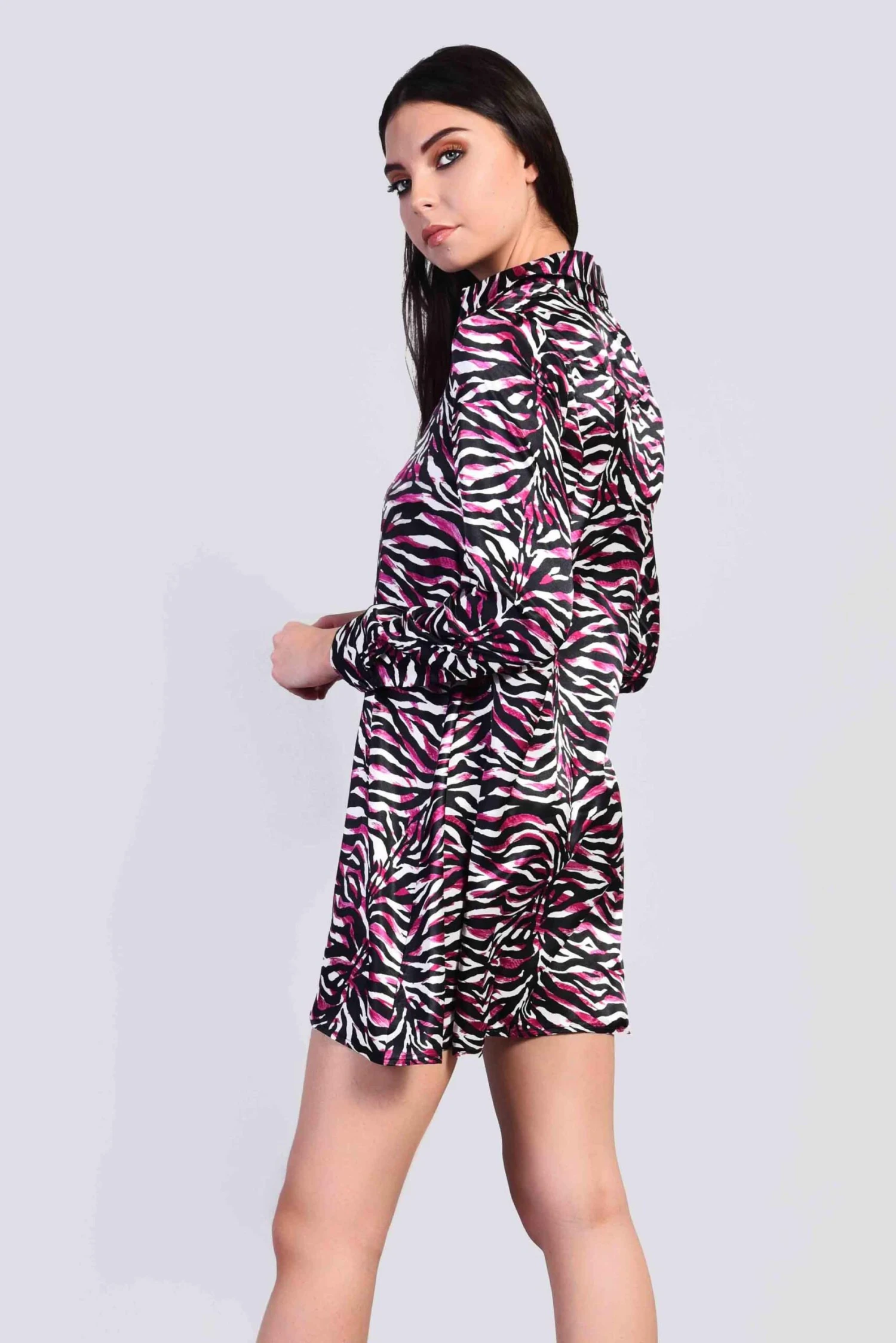 Glamorous Black Purple Tiger Mini Shirt Dress - Image 2