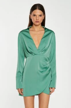 Glamorous Spruce-Green Satin Collared Wrap Mini-Dress