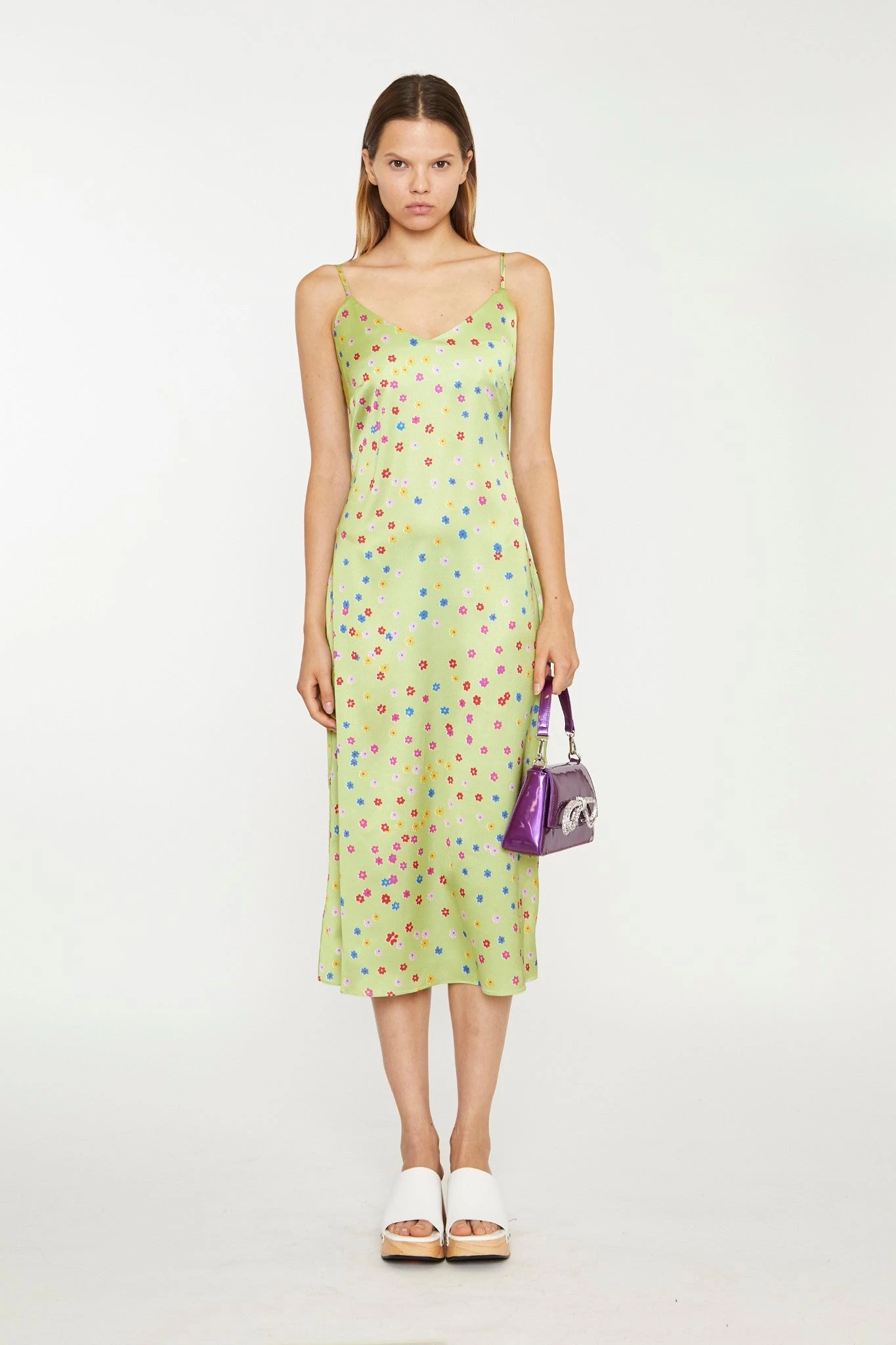 Glamorous Lime-Multi Daisy Bias-Cut Slip Midi-Dress