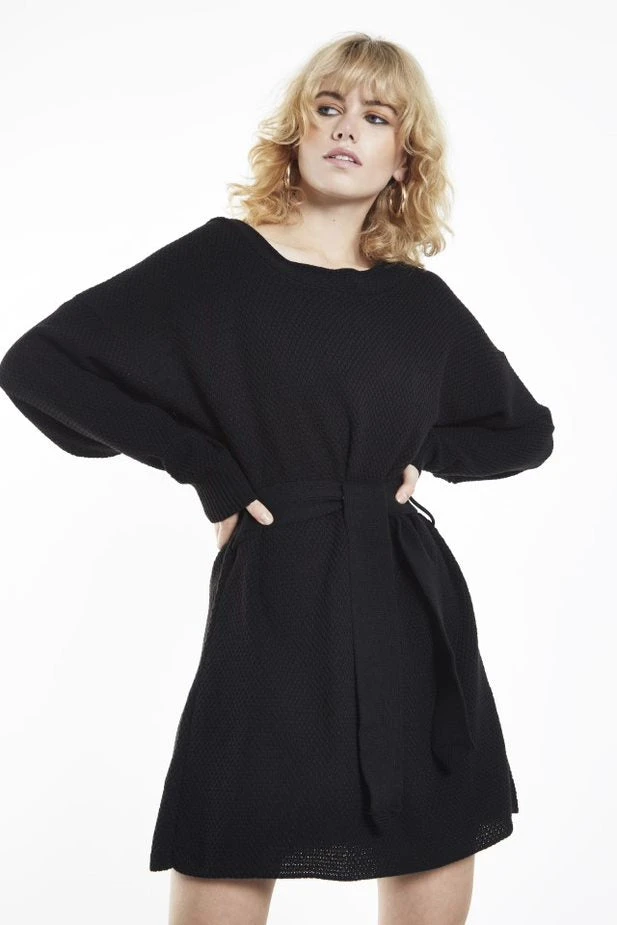 Glamorous Black Knitted Mini Dress With Tie Belt