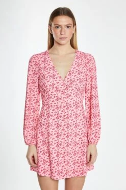 Glamorous Raspberry Ditsy Button Front Long Sleeve Mini-Dress