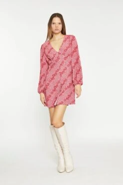 Glamorous Digital-Wave Flower Long-Sleeve Mini-Dress