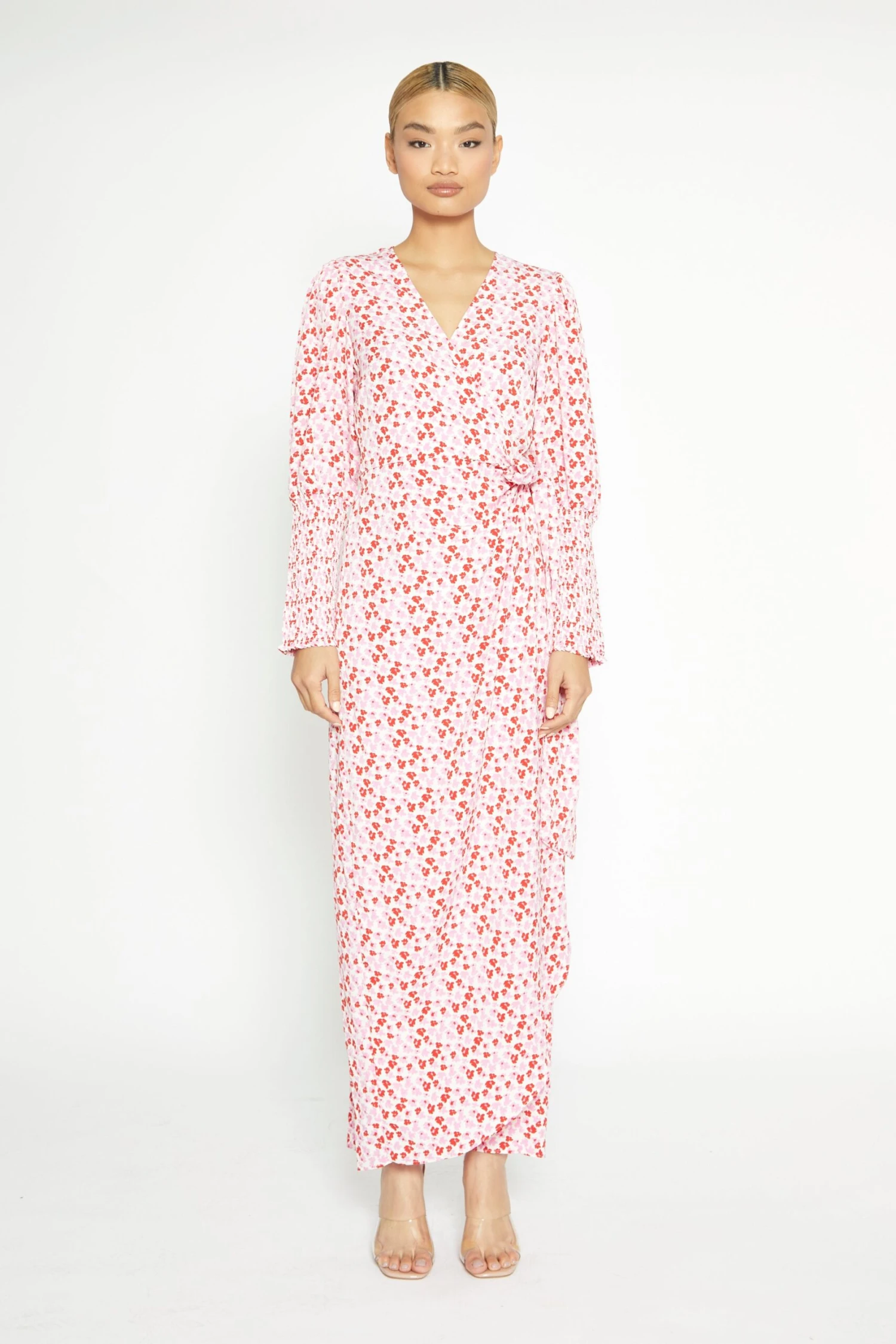 Glamorous White-Red-Pink-Floral Wrap Maxi Dress