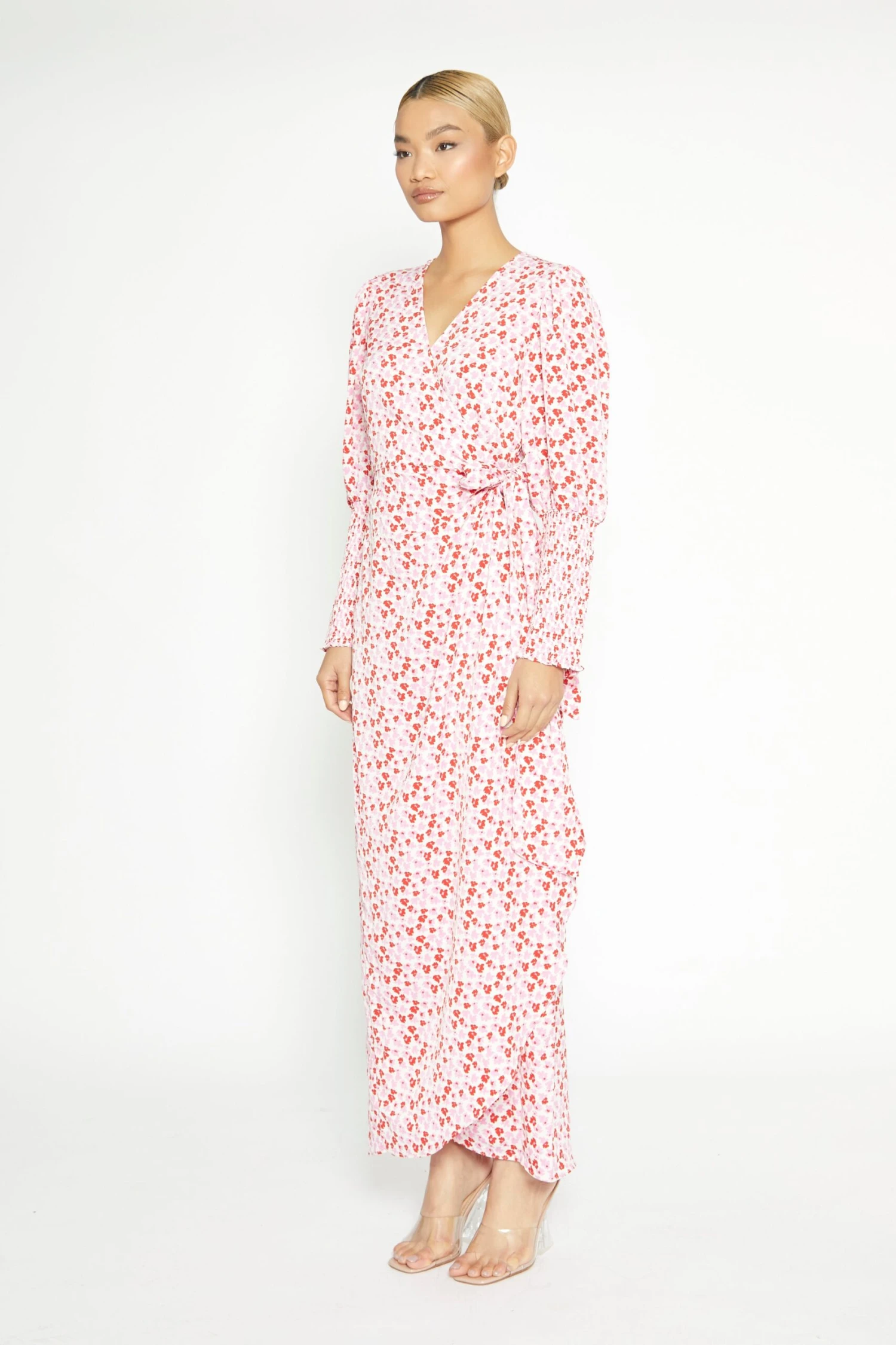 Glamorous White-Red-Pink-Floral Wrap Maxi Dress - Image 3