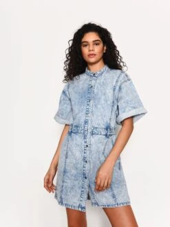 Glamorous Blue Acid-Wash Denim Button Front Mini-Dress
