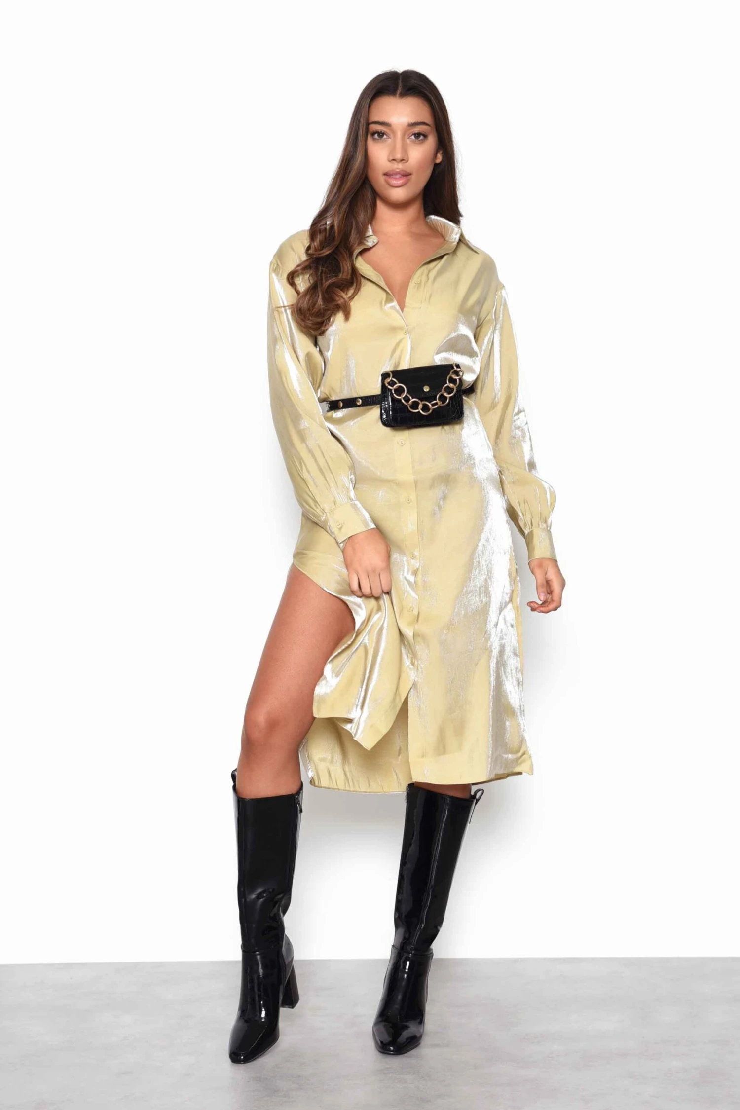 Glamorous Ochre Shimmer Long Sleeve Midi Shirt Dress With Side Splits