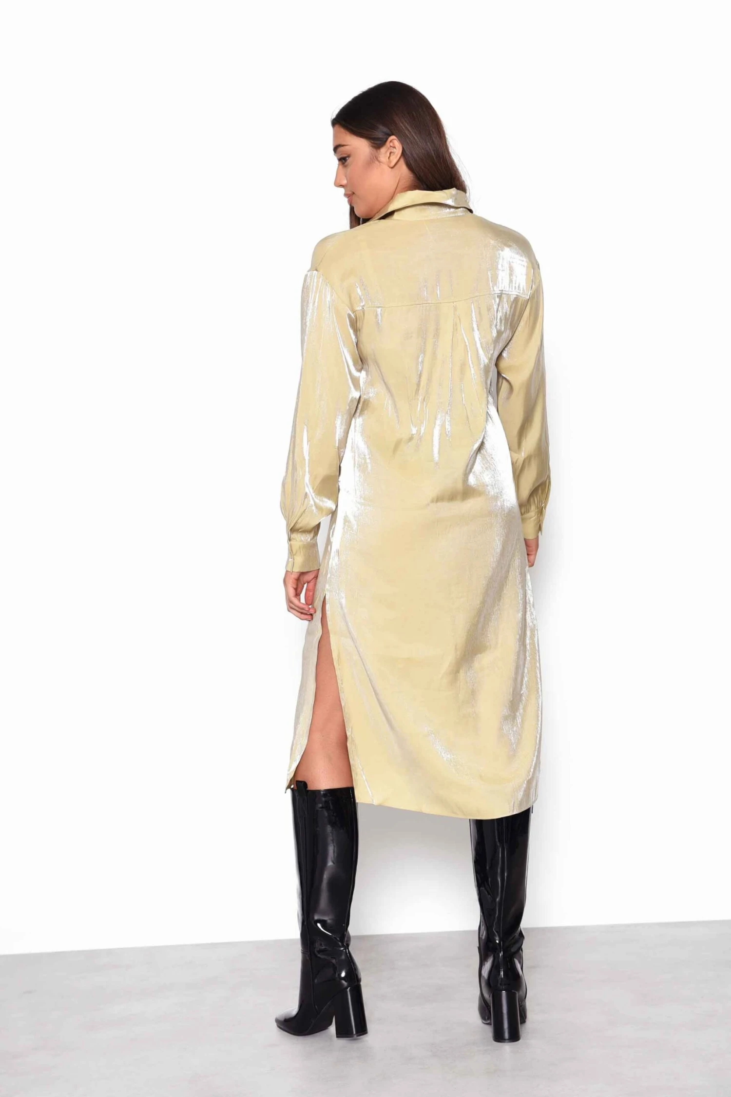 Glamorous Ochre Shimmer Long Sleeve Midi Shirt Dress With Side Splits - Image 2