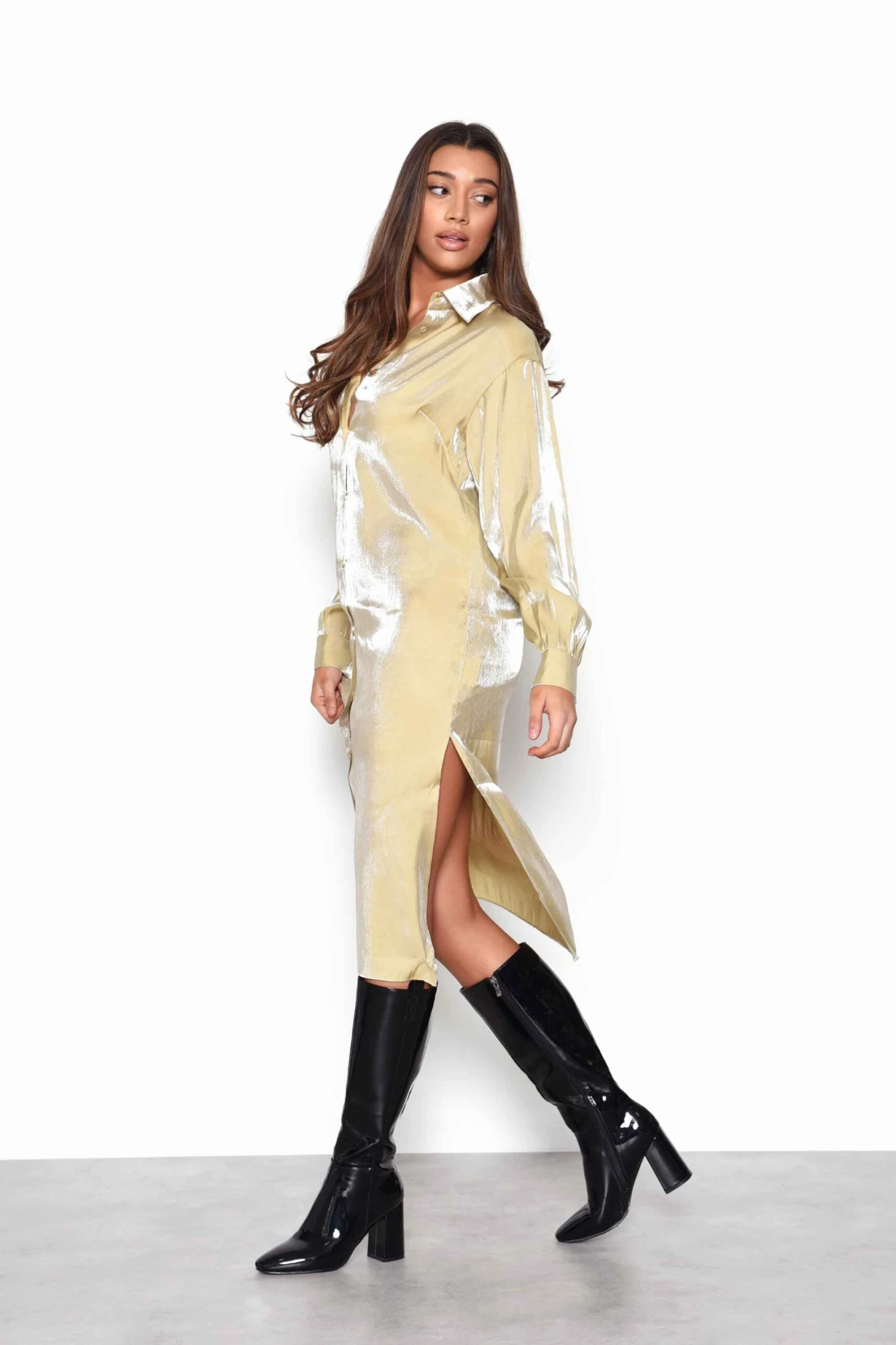 Glamorous Ochre Shimmer Long Sleeve Midi Shirt Dress With Side Splits - Image 3