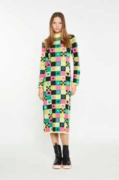 Glamorous Yellow Green Multi Tile Knitted Midi Dress