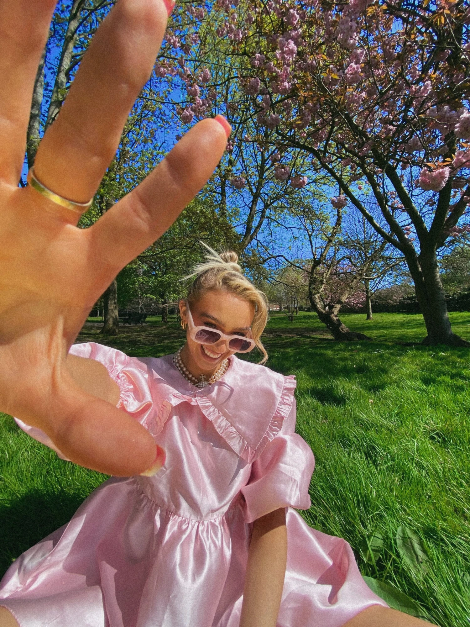 Glamorous Soft Pink Satin Statement Collar Mini Dress With Voluminous Sleeves - Image 2