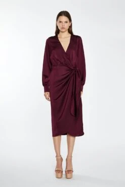 Glamorous Deep Burgundy Satin Long-Sleeve Wrap Midi-Dress
