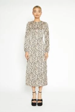 Glamorous Natural White Leopard Print Long Sleeve Midi Dress
